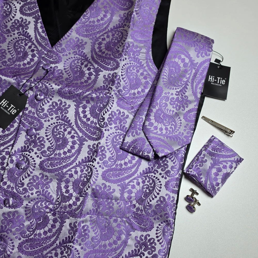 Hi-Tie Mens Large Purple Paisley Vest Set Tie Pocket Square‎ Cufflinks Formal
